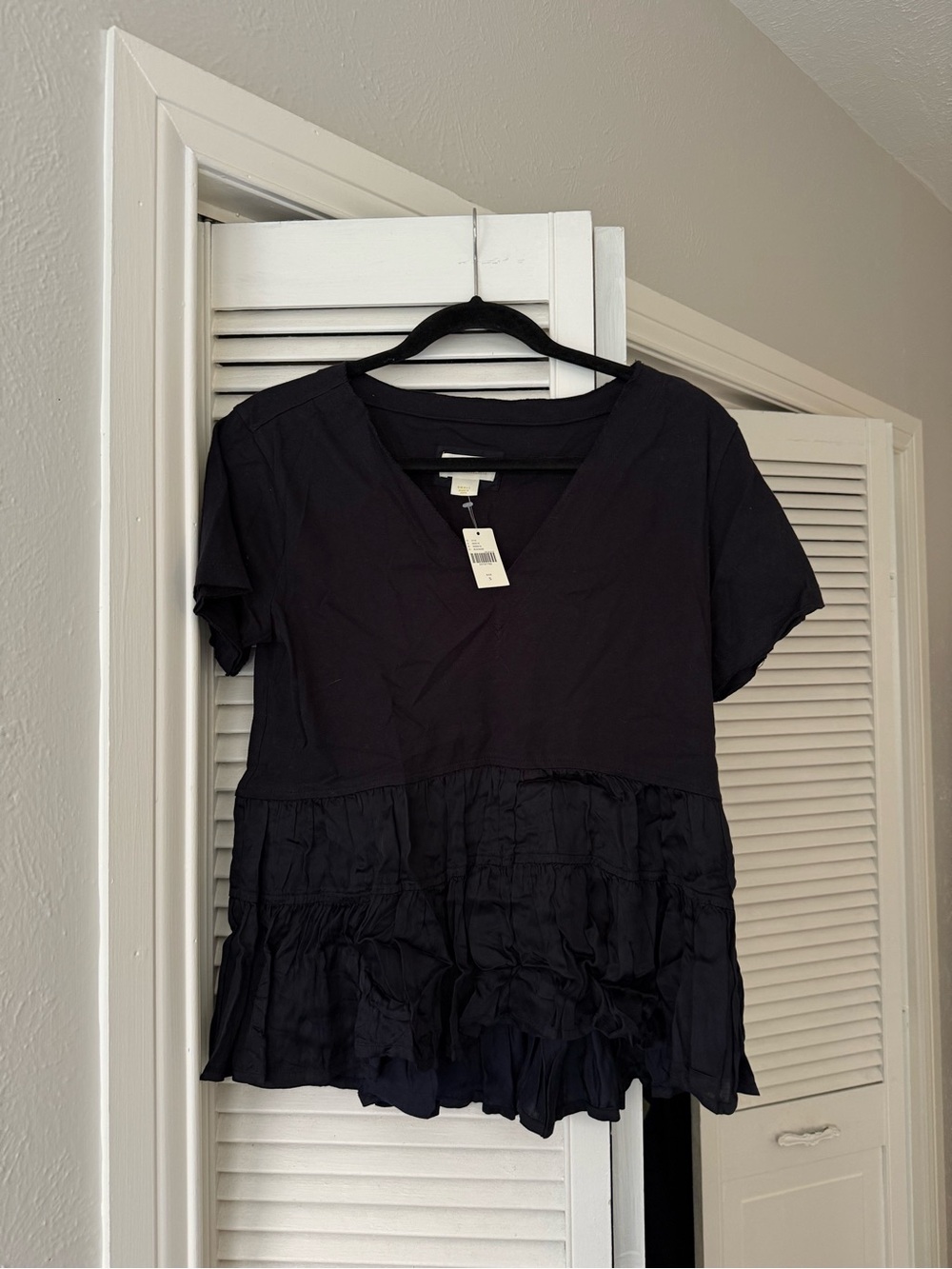 Anthropologie Black V-Neck Short Sleeve Ruffle Tiered Top
